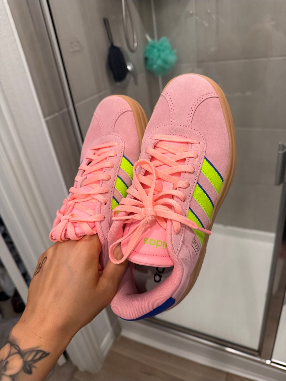 adidas Women’s Pink Suede Sneakers with Neon Green & Blue Stripes